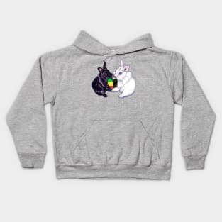 Reggae bunnies - bunny rabbits holding a love heart shape - pair of cute furry ebony and snow colored coloured lionhead bunny rabbit Kids Hoodie